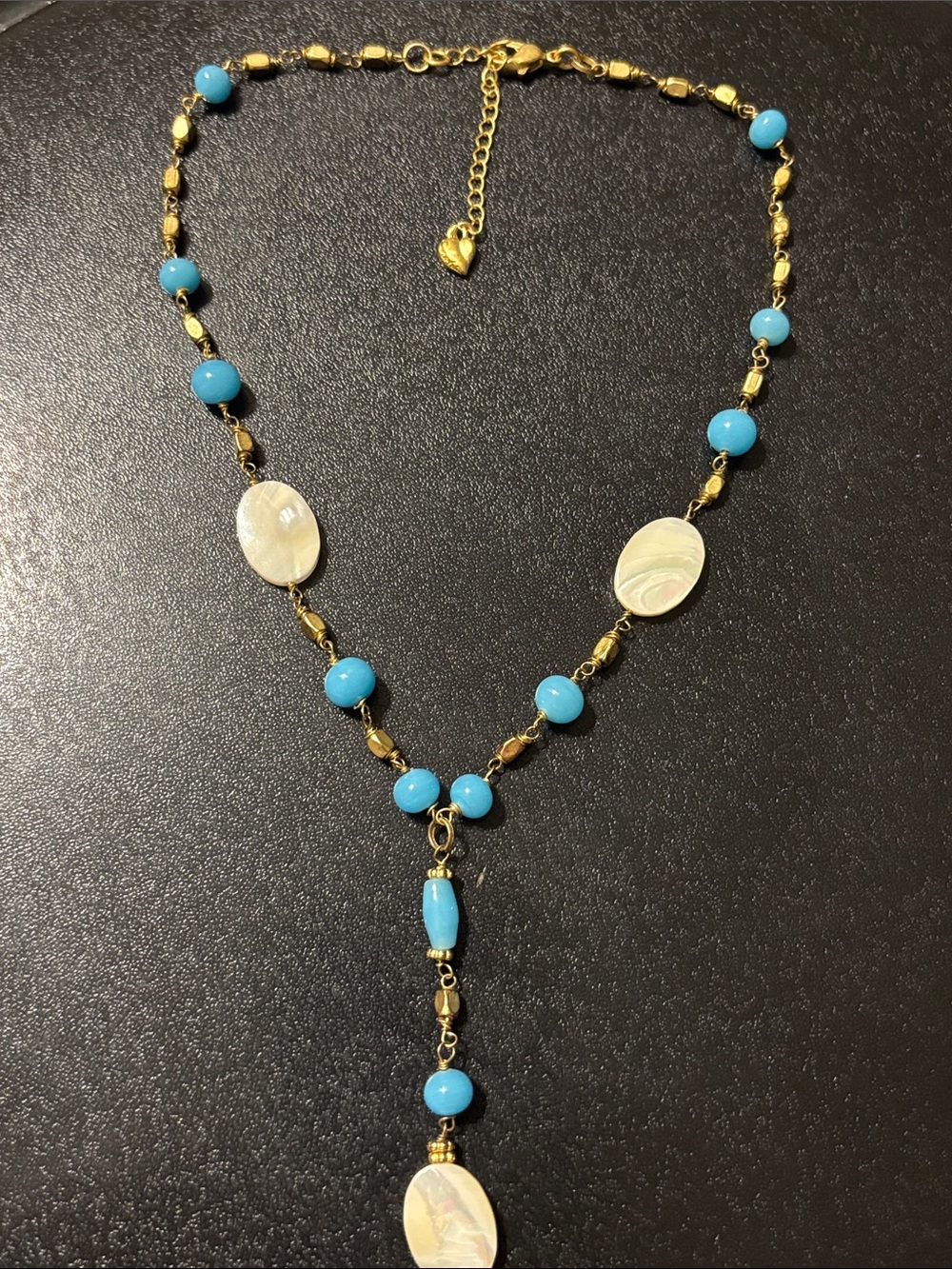 Gold-Tone Necklace with Turquoise Beads and Mother-of-Pearl Drops By Carolee